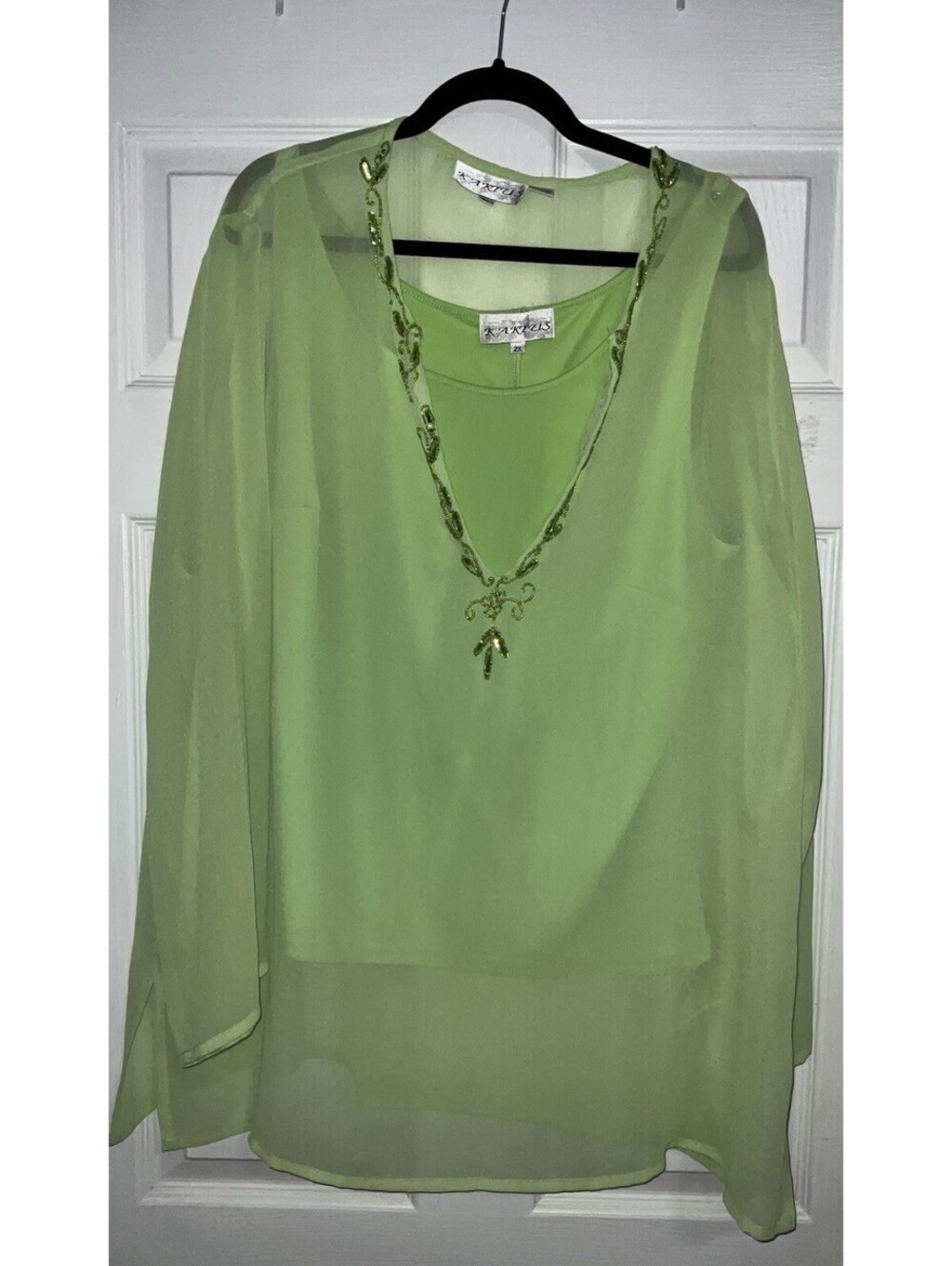 Kaktlis Lime Long Sleeve Blouse Women's M Beaded Collar Sheer Top